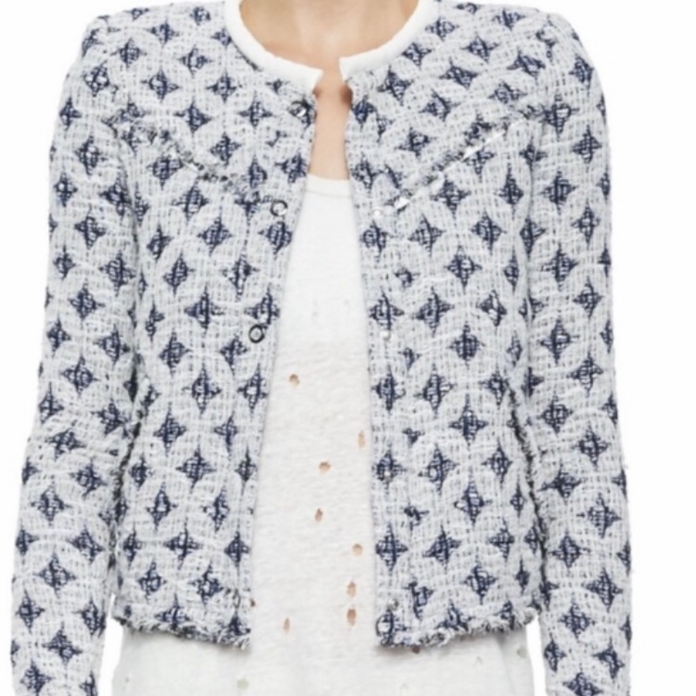 IRO blue/white diamond pattern jacket with white  lamb leather trim, frayed edge - Picture 7 of 13